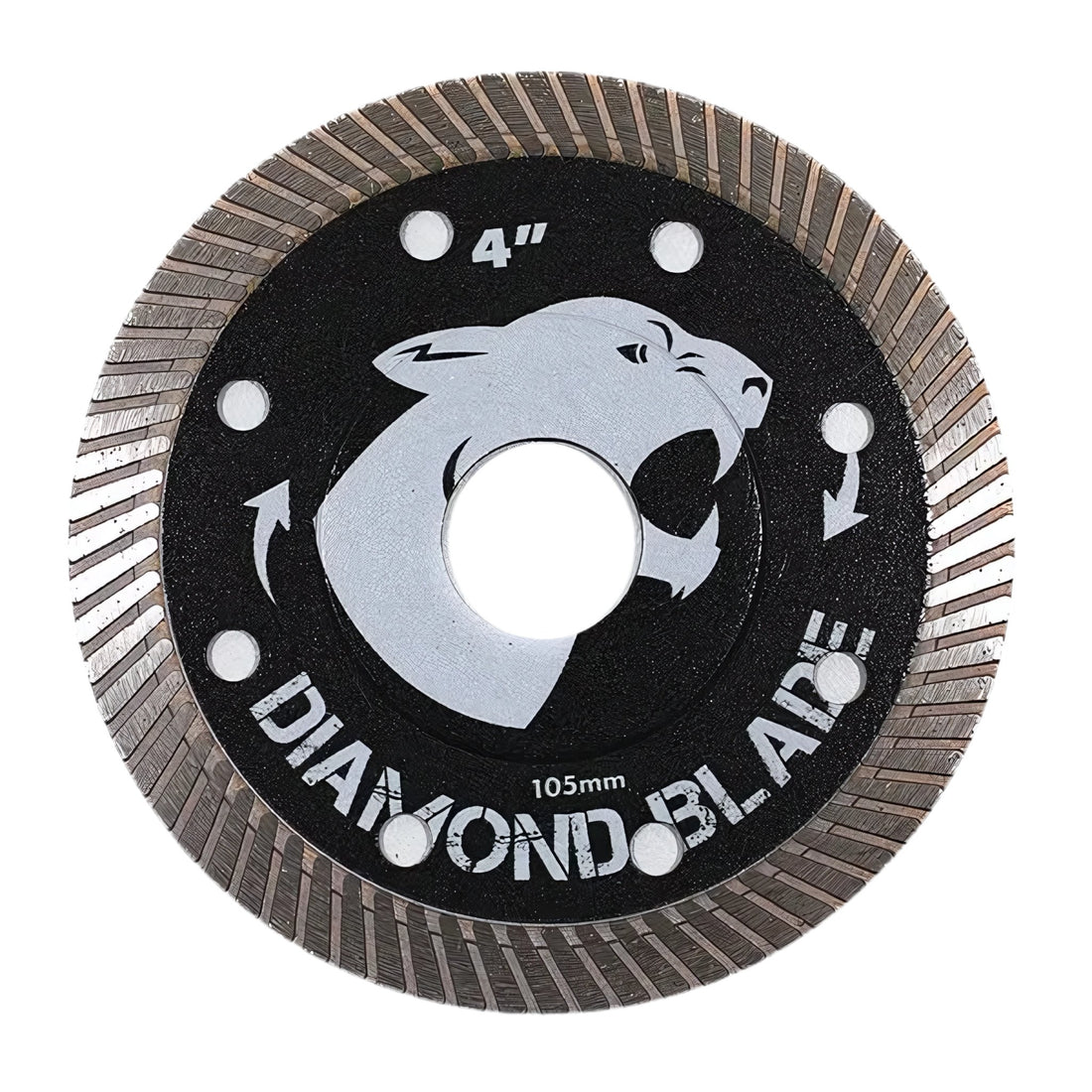4" (105mm) diamond saw blade with snarling panther logo, segmented teeth, black & silver design.