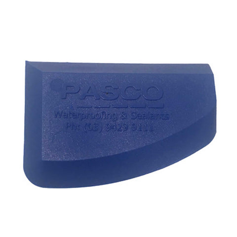 Dark blue Pasco Glazier Spatula silicone scraper removes excess sealants from glass for clean joint finishing.