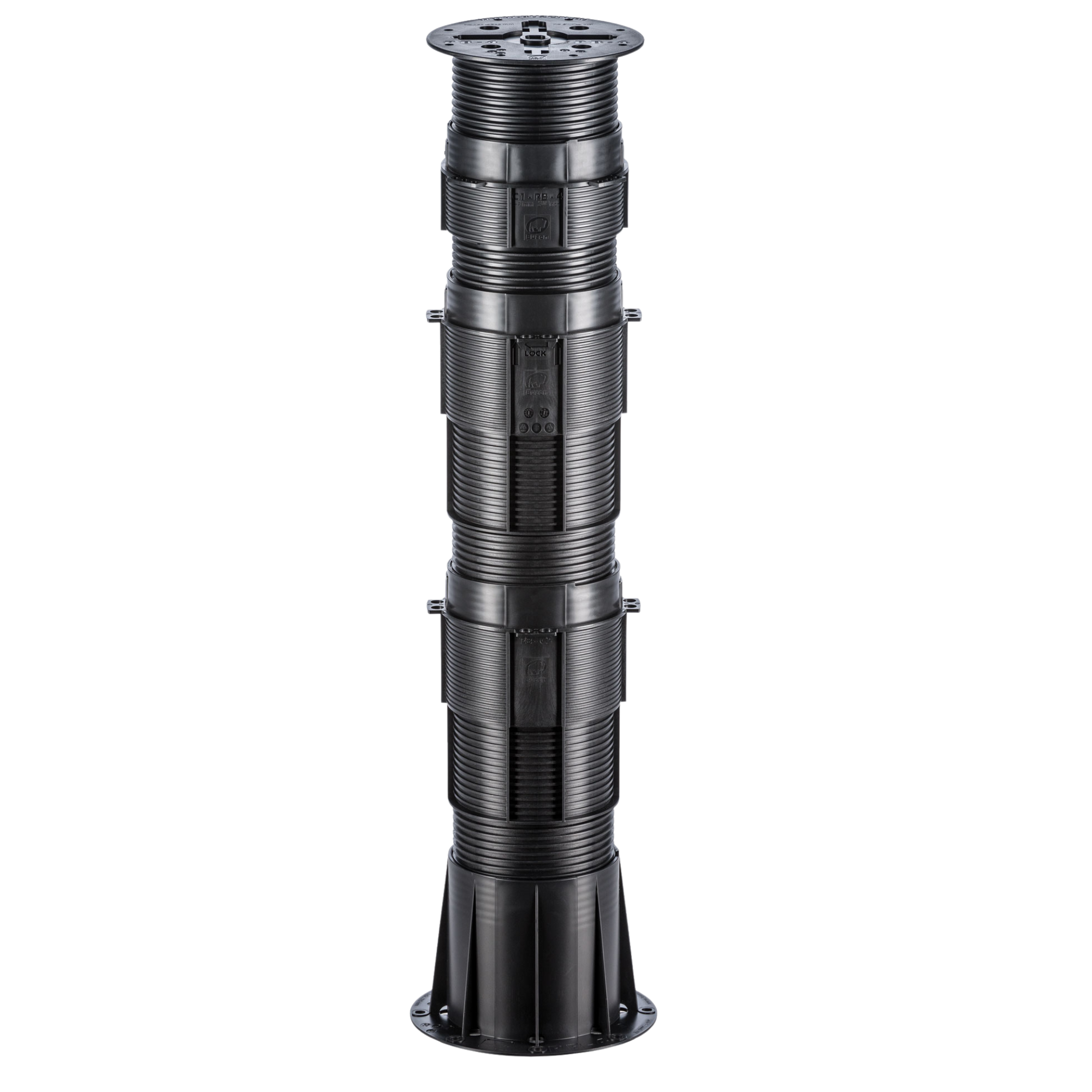 Black segmented cylindrical support column with mechanical panels, ribbed design, and flared base.