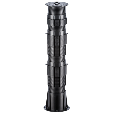 Black segmented cylindrical support column with mechanical panels, ribbed design, and flared base.