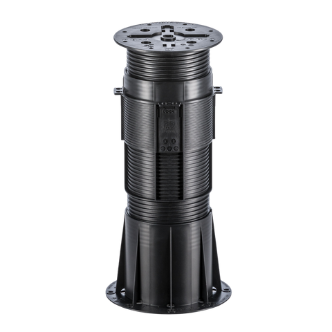 Durable black adjustable decking pedestal with ribbed column, wide base & top platform for outdoor flooring.