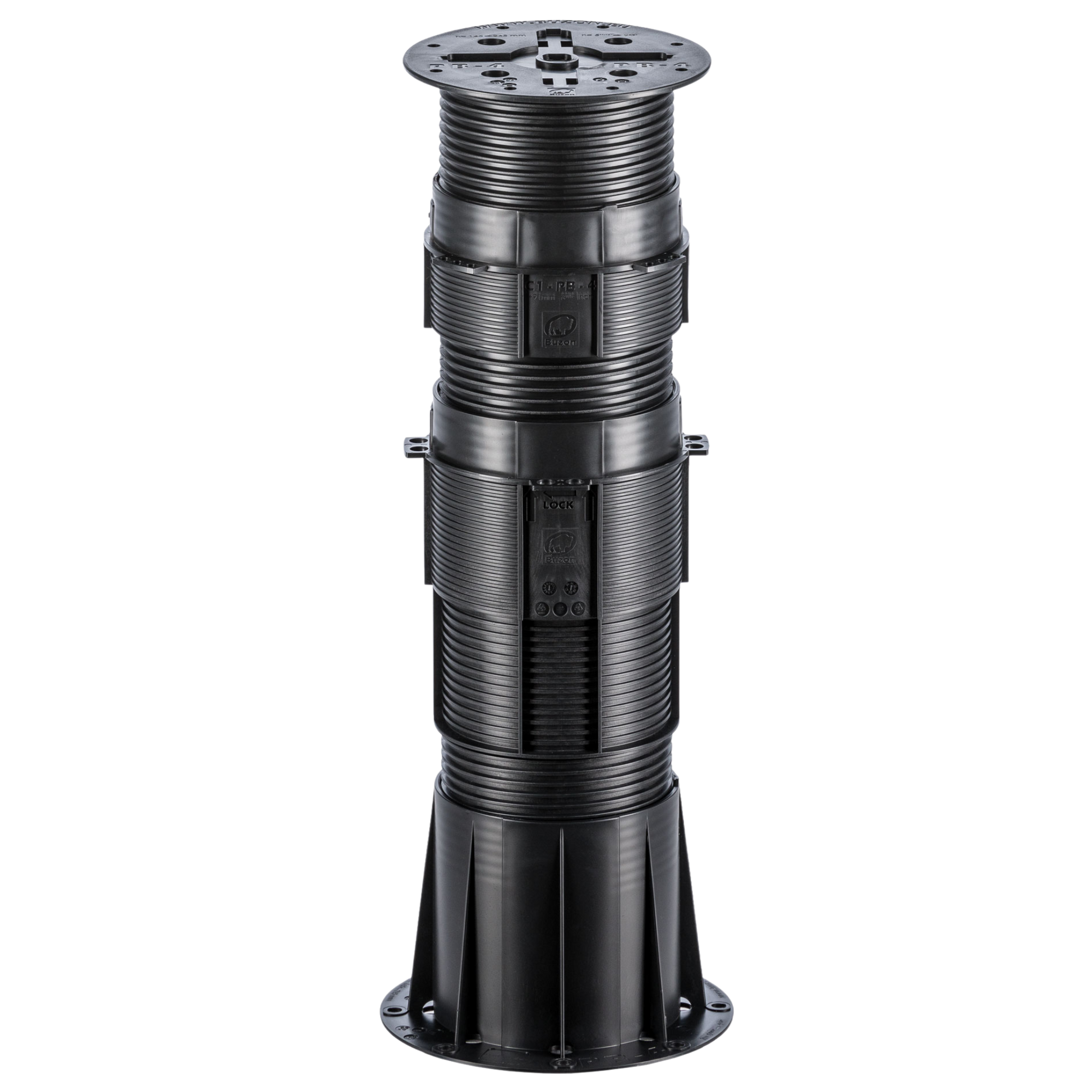 Black adjustable plastic deck pedestal with ribbed design, square base, and height-adjustable support for balcony decking.