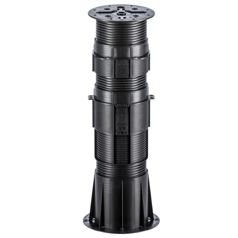 Black adjustable plastic deck pedestal with ribbed design, square base, and height-adjustable support for balcony decking.