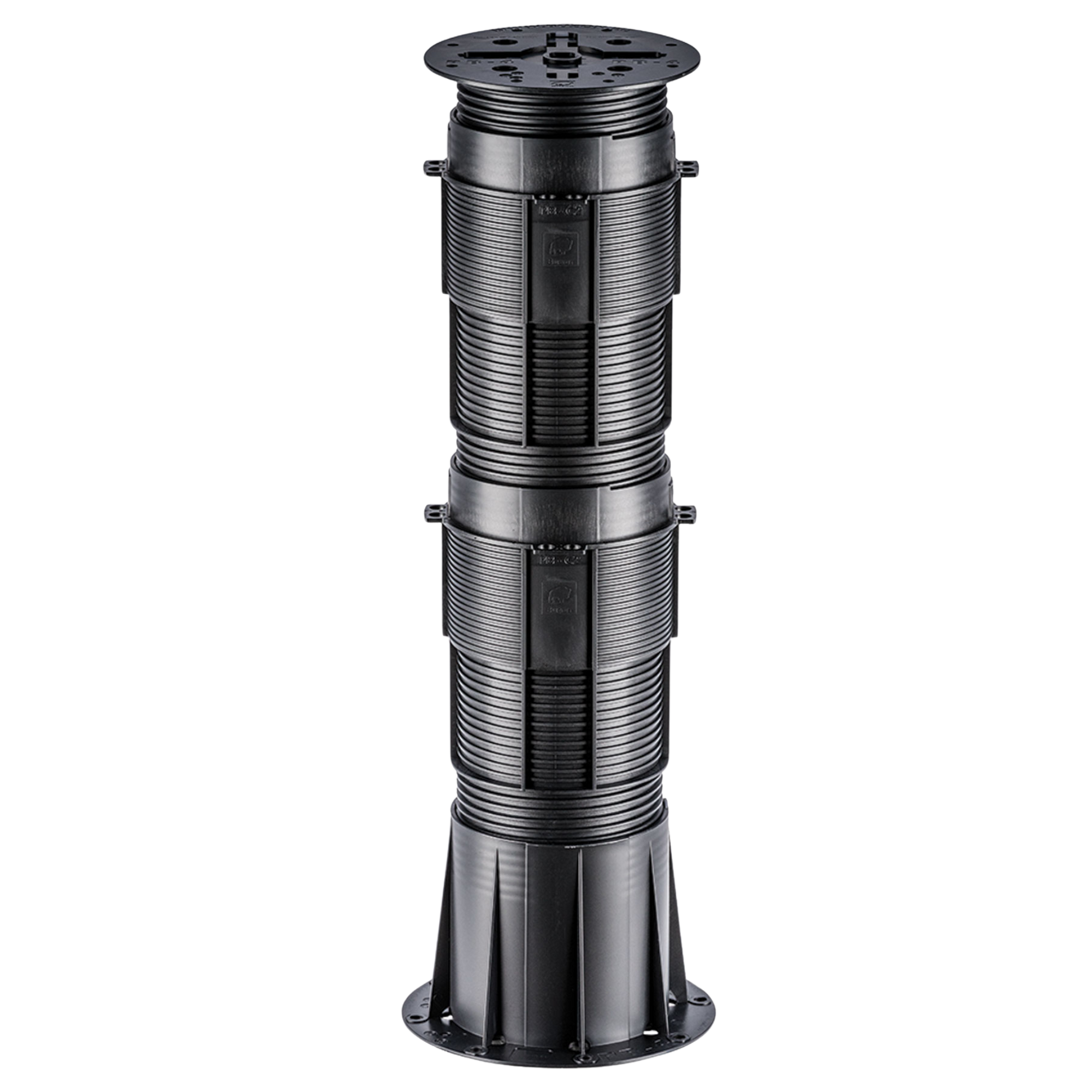 Adjustable black ribbed deck pedestal with mounting brackets and stable base for outdoor flooring.