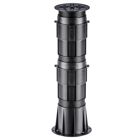 Adjustable black ribbed deck pedestal with mounting brackets and stable base for outdoor flooring.