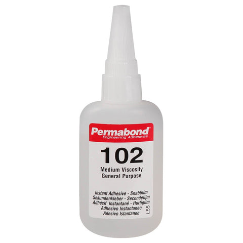 Permabond 102 low viscosity cyanoacrylate adhesive bottle for instant bonding plastics, rubber, metals in tight gaps.