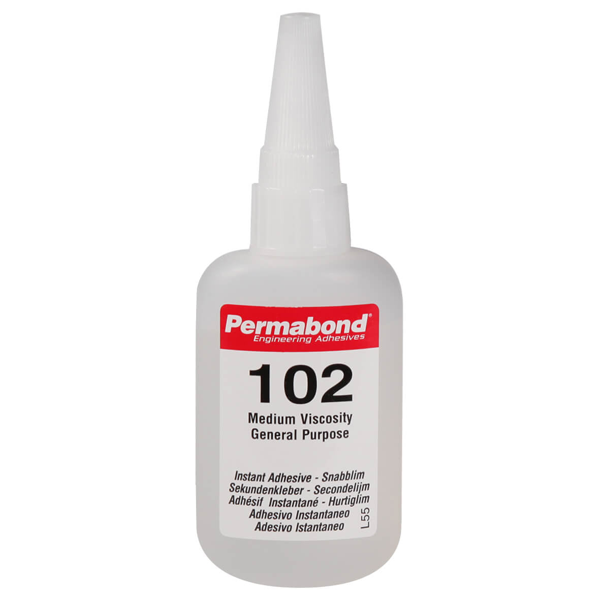 Permabond 102 low viscosity cyanoacrylate adhesive bottle for instant bonding plastics, rubber, metals in tight gaps.