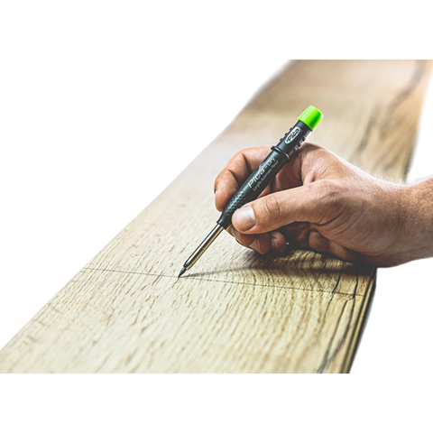 Hand marks timber precisely with Pica-Dry Longlife Automatic Pen; dust/moisture resistant for jobsite prep on any surface.