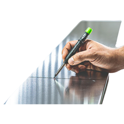 Hand marking glossy aluminium with Pica-Dry Longlife Automatic Pen. Dust/moisture resistant for precise lines on wet, roug...