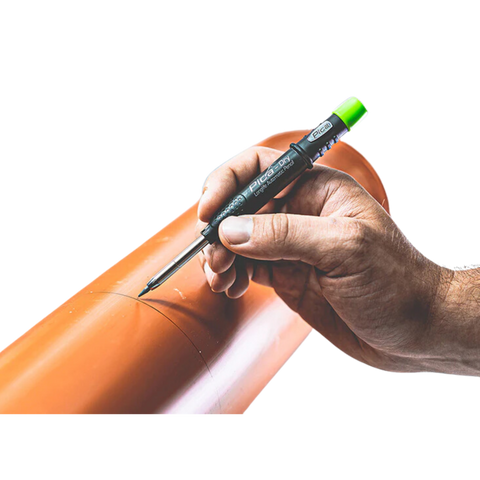 Pica-Dry Longlife Automatic Pen marking precise lines on glossy pipe – dust/moisture resistant, Power Lock for reliable tr...