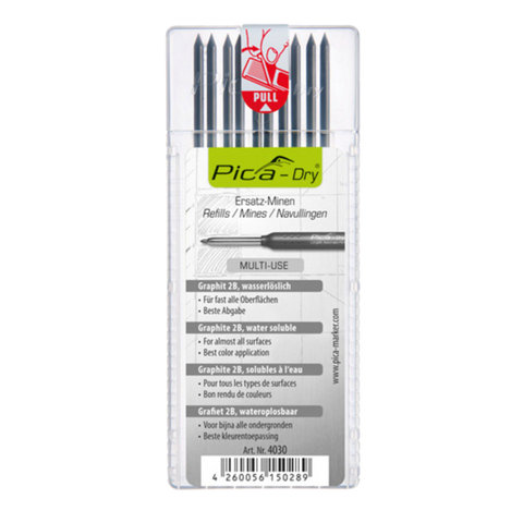 Pica-Dry Longlife refills in plastic case: pre-sharpened graphite & colored leads for multi-surface marking on wet, dry, r...