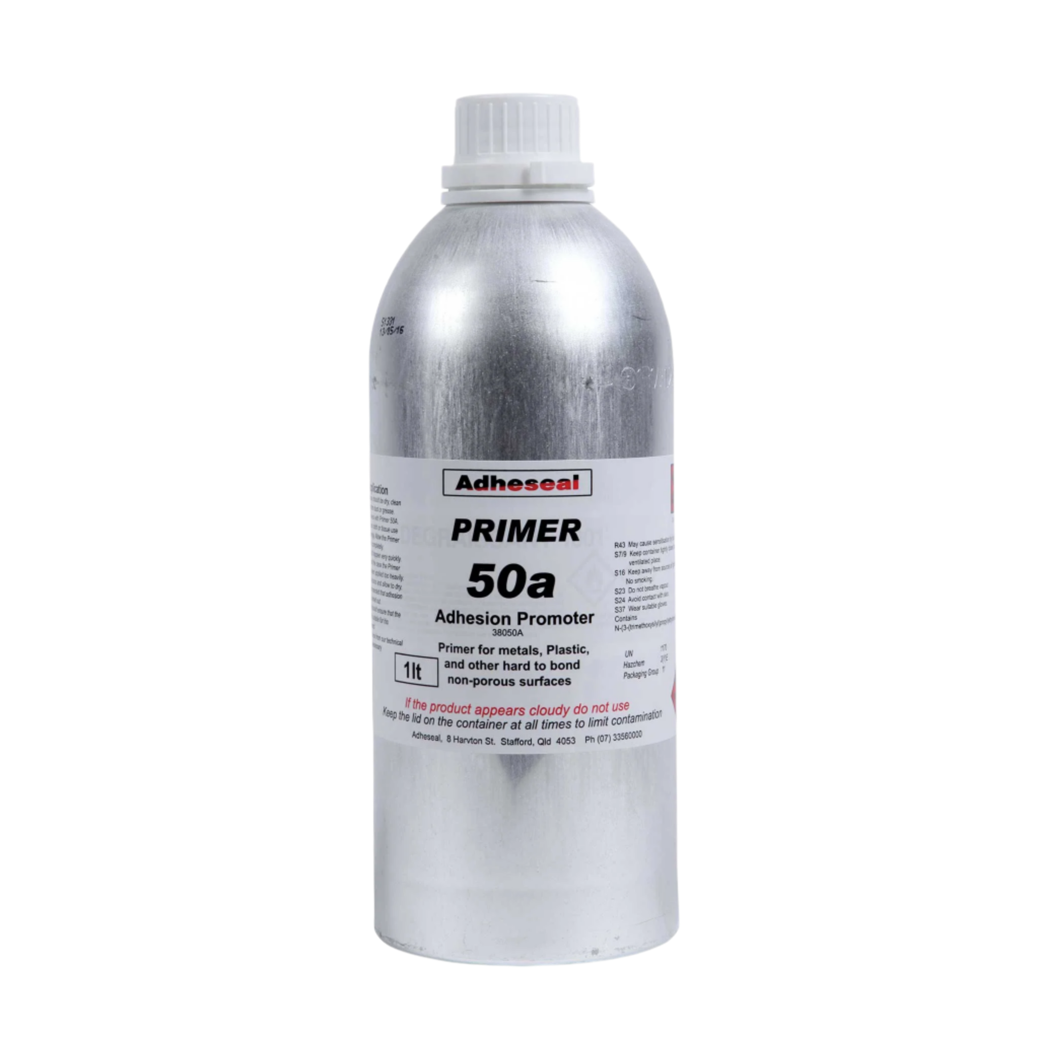 Adheseal Primer 50A silver canister, adhesion promoter wipes non-porous metal, plastic, glass for secure sealant bonds.