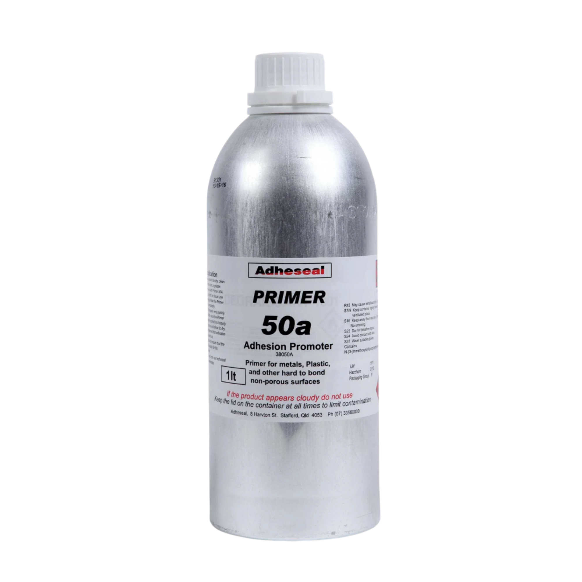 Adheseal Primer 50A silver canister, adhesion promoter wipes non-porous metal, plastic, glass for secure sealant bonds.