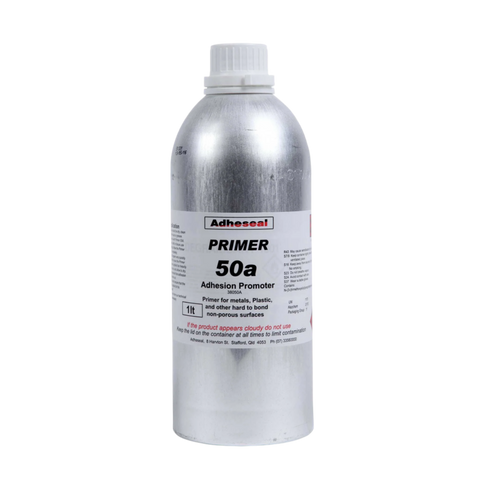 Adheseal Primer 50A silver canister, adhesion promoter wipes non-porous metal, plastic, glass for secure sealant bonds.
