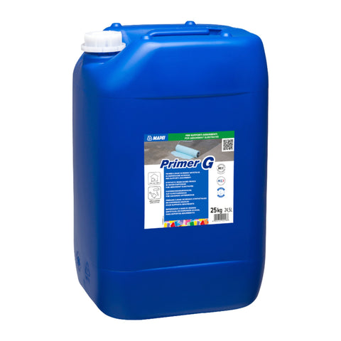 Mapei Primer G 25L blue jerrycan: water-based primer consolidates gypsum substrates for tile adhesive bond.