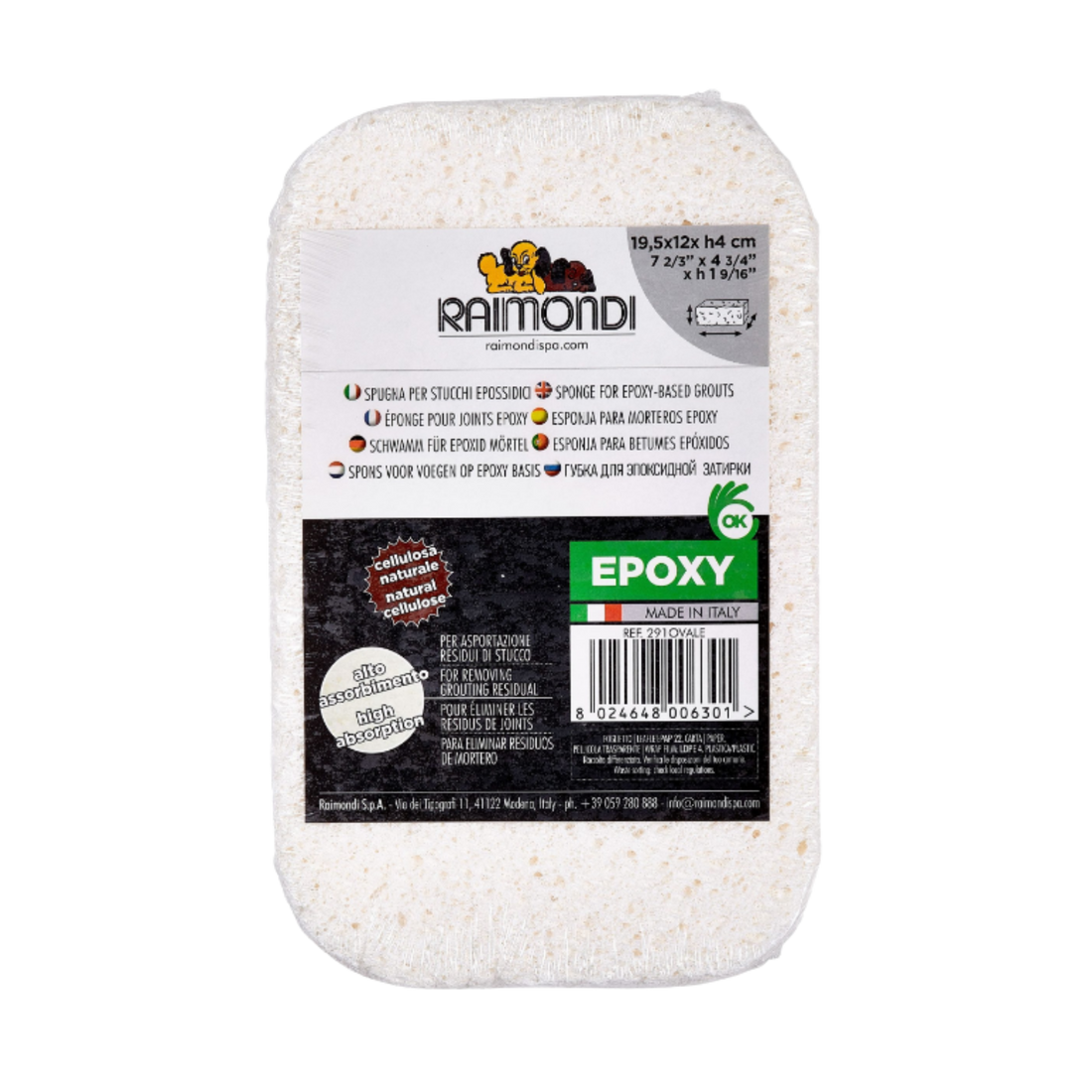 Raimondi Epoxy Sponge for epoxy grout cleanup. High absorption cellulose sponge lifts residue for clean tile joints.