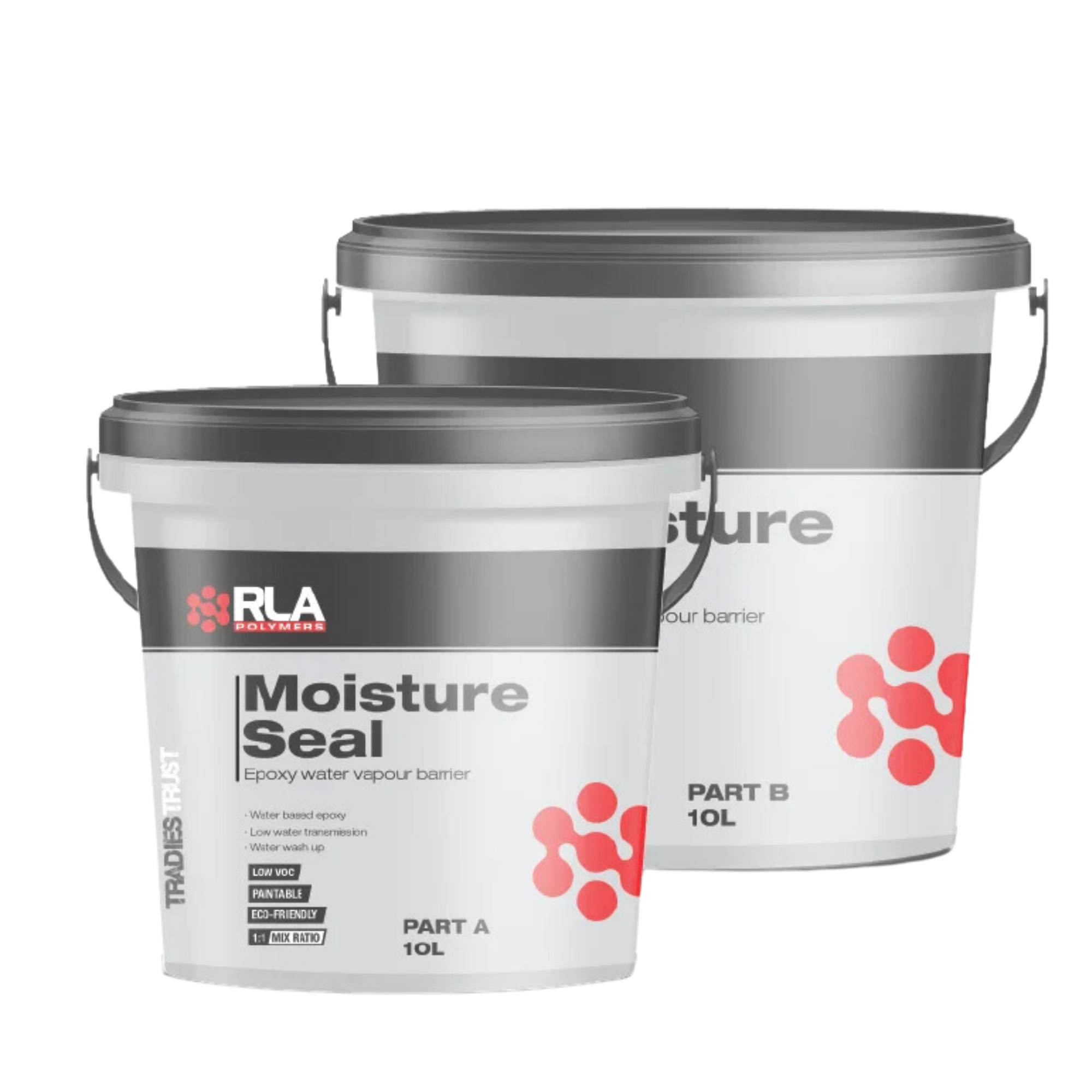 Two 10L pails RLA Moisture Seal Part A & B: water-based epoxy vapour barrier primer blocks moisture on damp concrete for w...