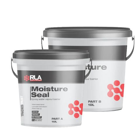 Two 10L pails RLA Moisture Seal Part A & B: water-based epoxy vapour barrier primer blocks moisture on damp concrete for w...