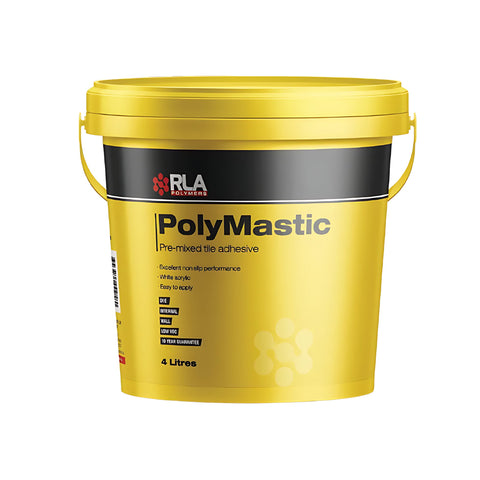 Yellow 4L pail of RLA Polymastic premixed acrylic wall tile adhesive for non-slump internal bonding.