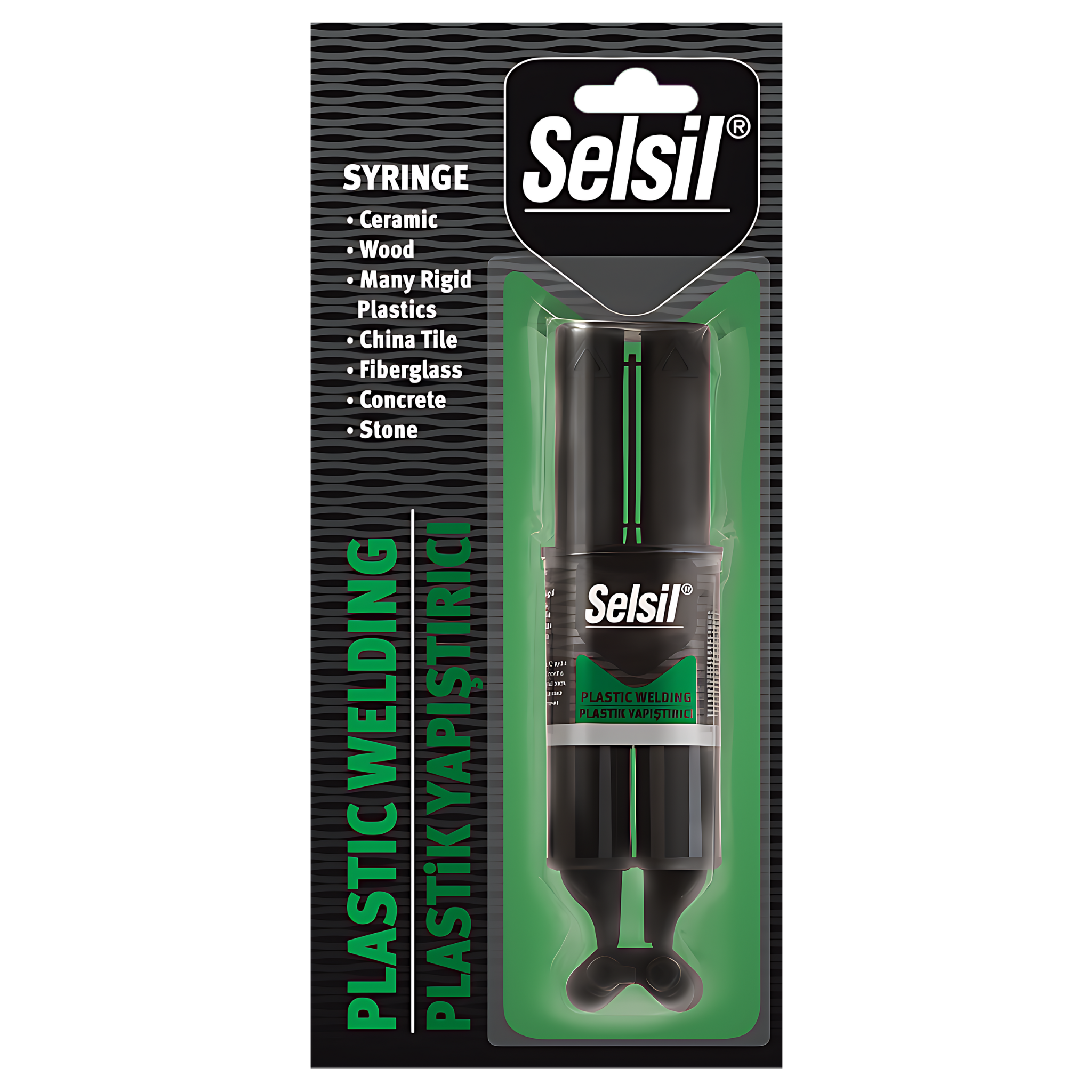 Selsil Plastic Welding MMA 28g syringe: two-part adhesive for fast, primerless bonding of plastics, fibreglass, metals.