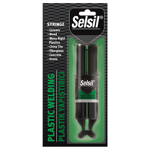Selsil Plastic Welding MMA 28g syringe: two-part adhesive for fast, primerless bonding of plastics, fibreglass, metals.