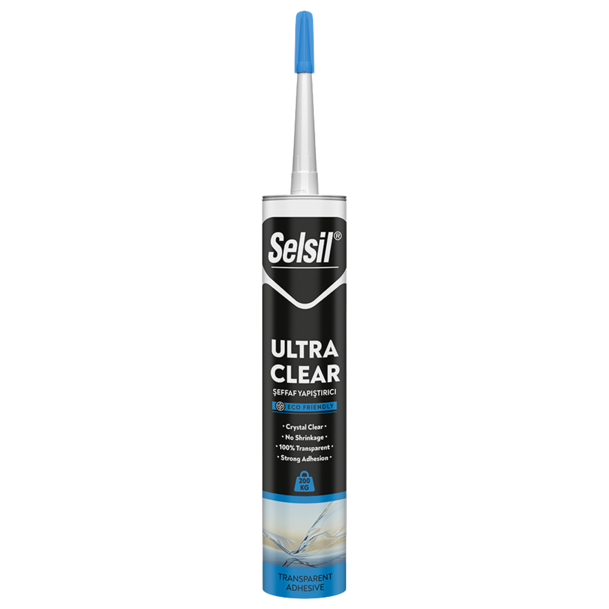 Selsil Ultra Clear hybrid MS polymer sealant cartridge: crystal-clear, bubble-free joint sealing for glass & metal.