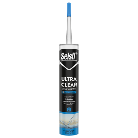 Selsil Ultra Clear hybrid MS polymer sealant cartridge: crystal-clear, bubble-free joint sealing for glass & metal.