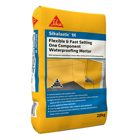 Sika Sikalastic-1K 20kg bag: one-component cementitious waterproofing membrane for crack-bridging concrete protection, pot...