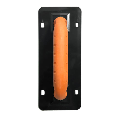 Black plastering trowel with ergonomic orange rubber grip handle, durable pro masonry tool