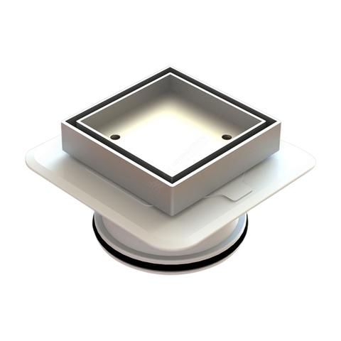 Square Bermuda Lowline Megaflex™ 100x100mm floor waste: flush brass grate on flexible ABS base for tiled wet areas, waterp...