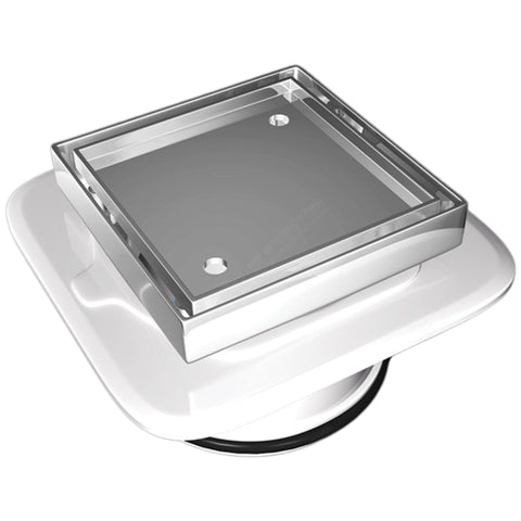 Square stainless steel shower drain with perforated grate on white mounting base