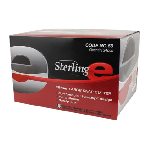 Sterling 18mm yellow plastic snap cutter with metal sleeve & safety lock for precise cuts on waterproofing membranes, glas...