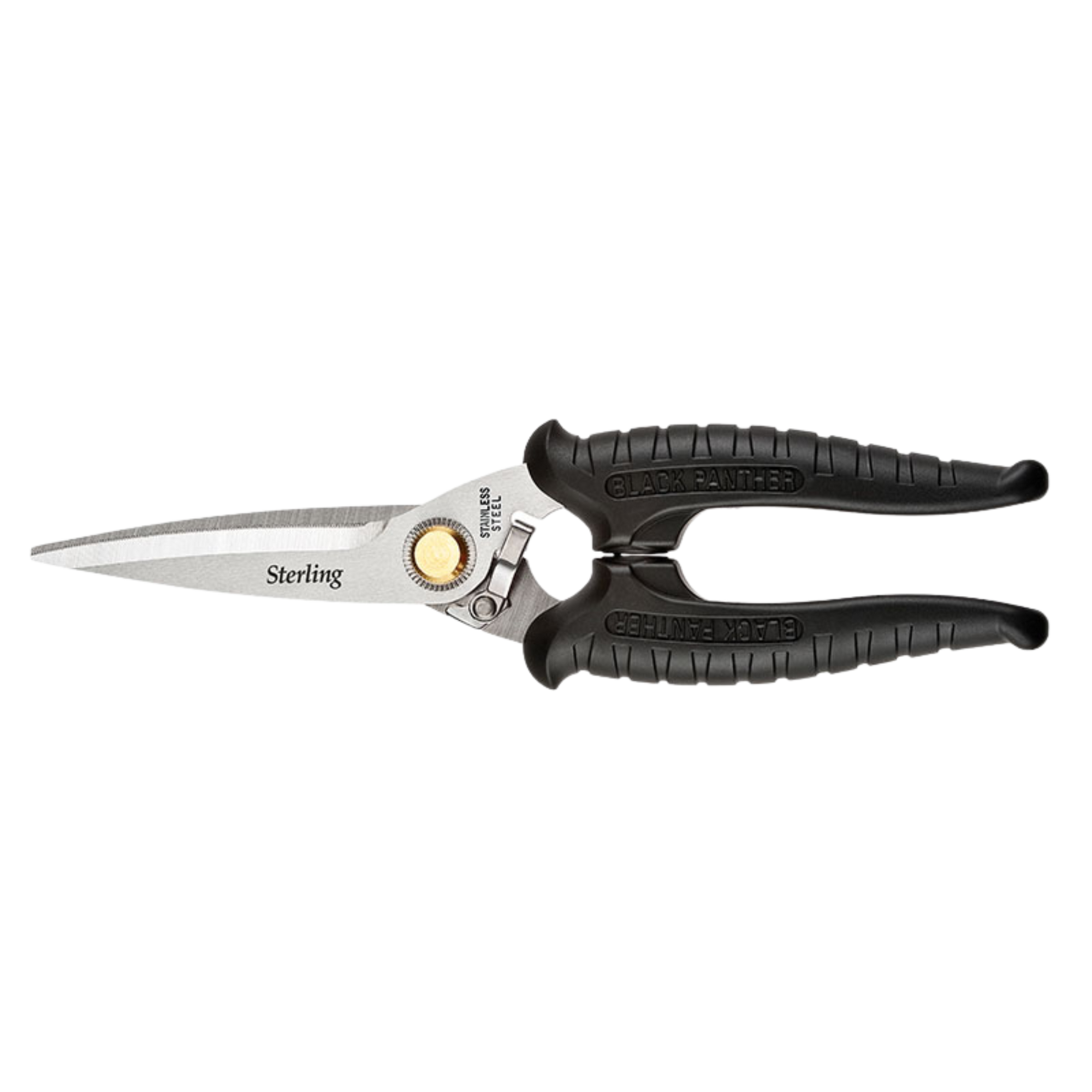 200mm Sterling Black Panther snips: ergonomic black grips, serrated stainless blades for precise aluminium, vinyl sheet cu...