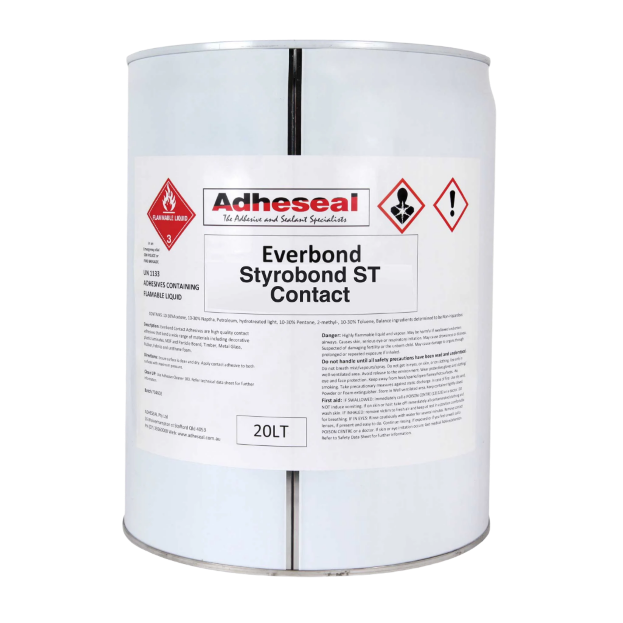 20L Adheseal Everbond Styrobond ST drum: polystyrene-safe spray adhesive for secure EPS foam bonding to cement, plywood, m...