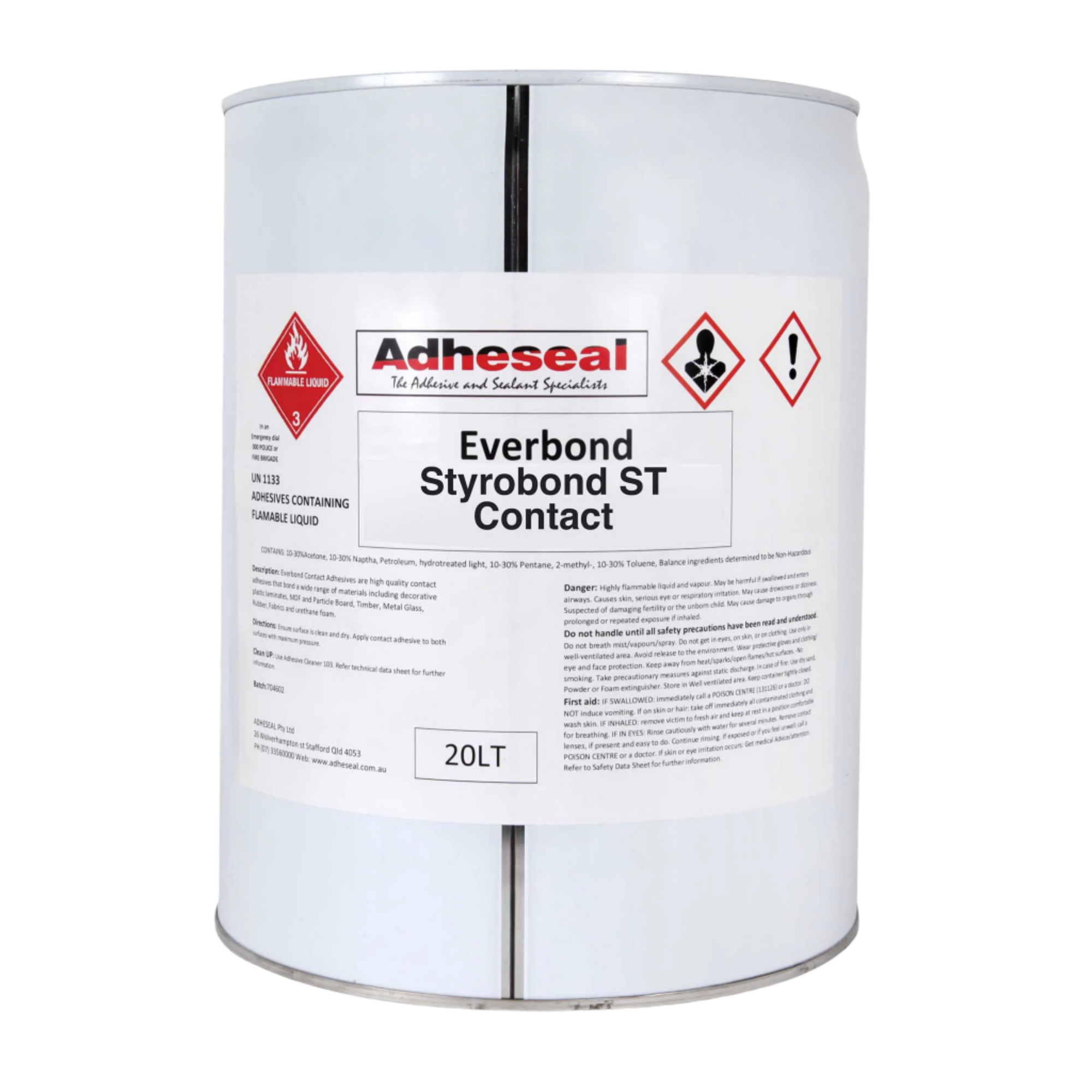 20L Adheseal Everbond Styrobond ST drum: polystyrene-safe spray adhesive for secure EPS foam bonding to cement, plywood, m...