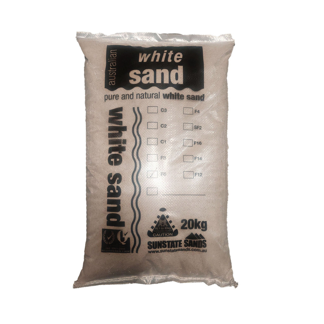 20kg Sunstate Dried Silica Sand bag, pure white F4-F8 grades for epoxy flooring fillers, grouts, adhesives & concrete repair.