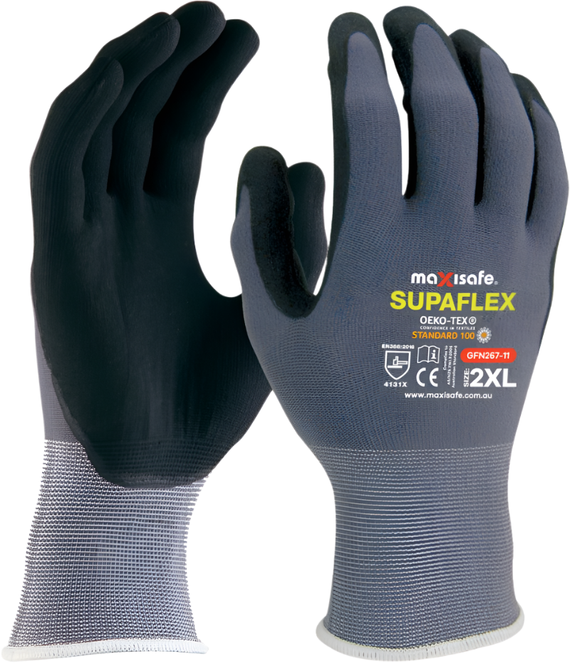 Supaflex GFN267 gloves: nylon/lycra liner with PU micro foam palms for dexterity, grip, EN388 Level 4 abrasion in trades