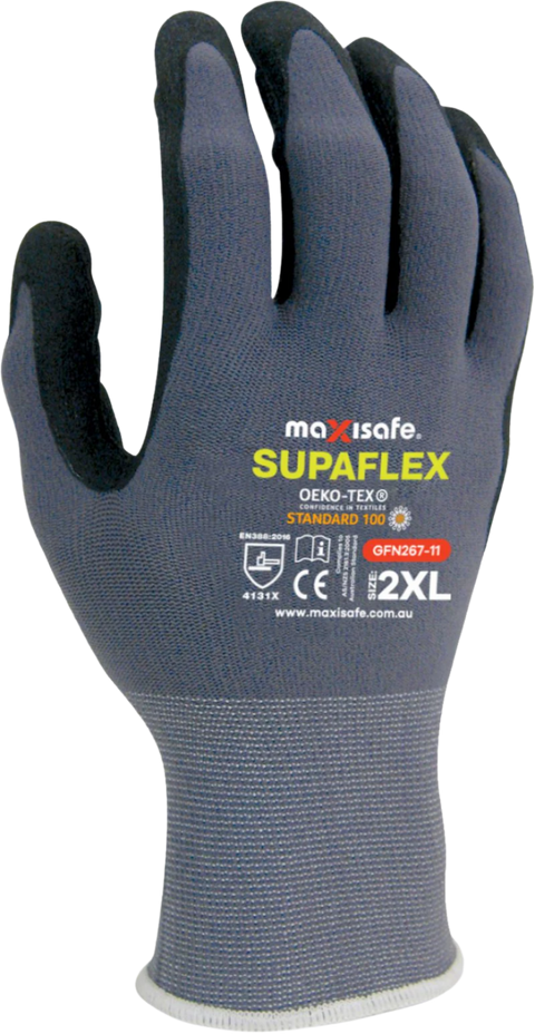 Maxisafe Supaflex GFN267 grey glove with black micro-foam palm for dexterous grip, EN388 Level 4 abrasion in trade tasks.