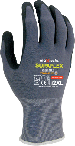 Maxisafe Supaflex GFN267 grey glove with black micro-foam palm for dexterous grip, EN388 Level 4 abrasion in trade tasks.