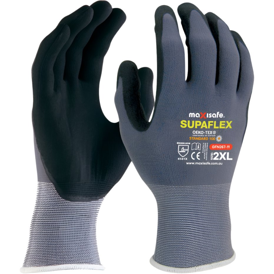 Supaflex GFN267 gloves: nylon/lycra liner with PU micro foam palms for dexterity, grip, EN388 Level 4 abrasion in trades