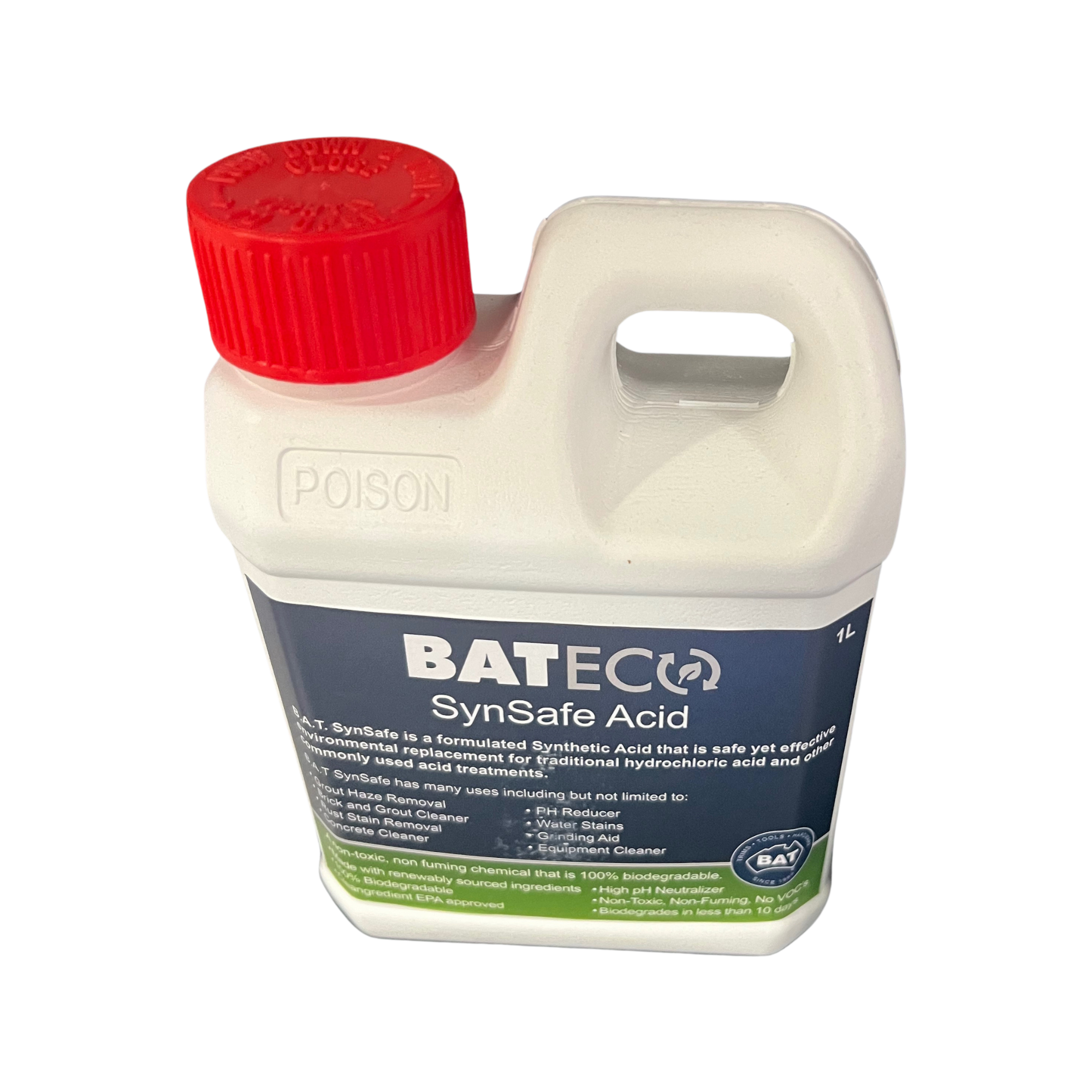 1L BATETECQ LT-SynBate Synthetic Acid bottle, red cap, safe HCl alternative for descaling, poison warning label