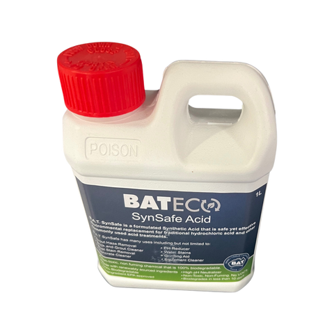 1L BATETECQ LT-SynBate Synthetic Acid bottle, red cap, safe HCl alternative for descaling, poison warning label