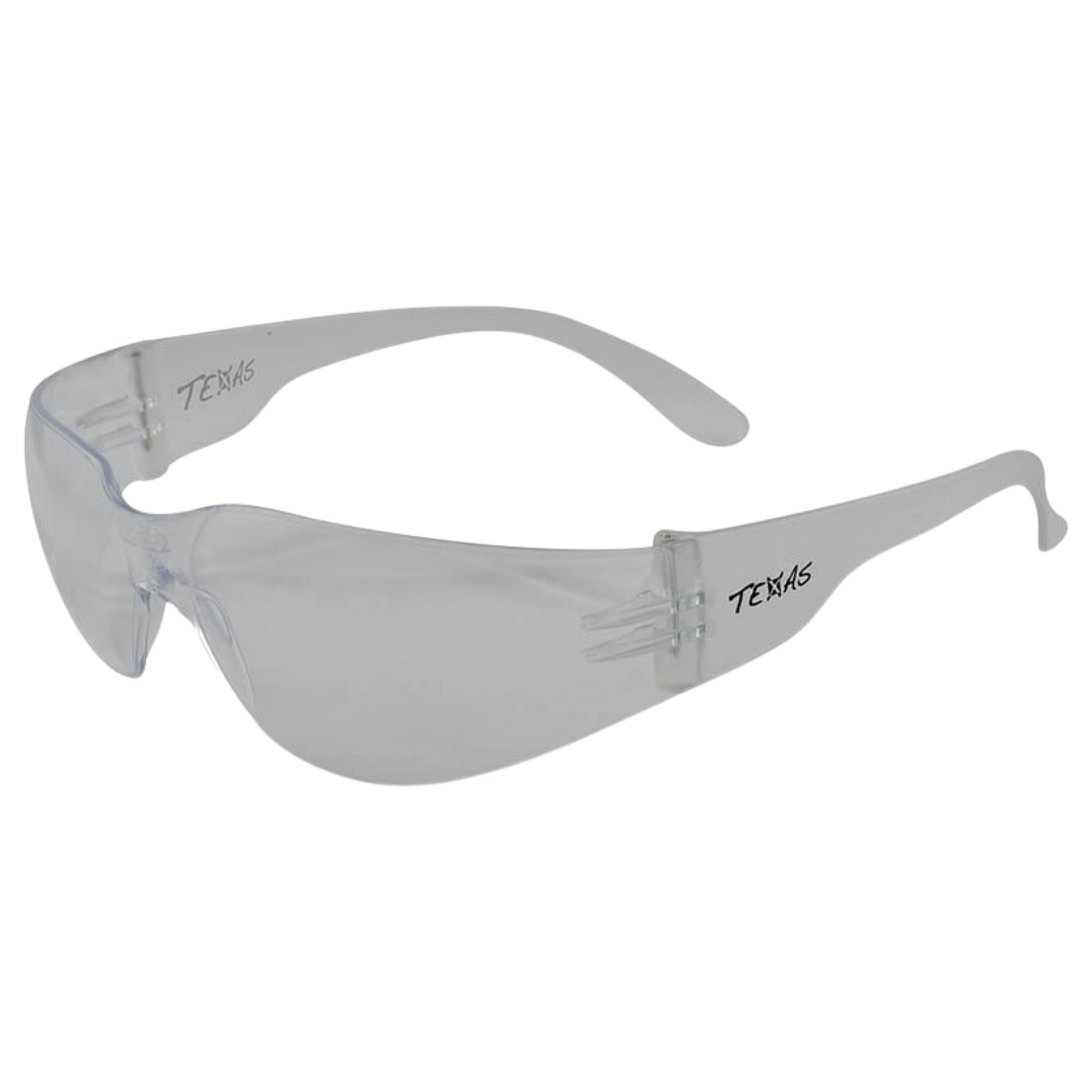 Texas EBR330 wraparound safety glasses, clear anti-fog/scratch lens, 99.9% UV protection for trade site eye safety.