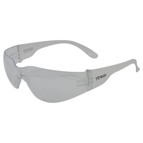 Texas EBR330 wraparound safety glasses, clear anti-fog/scratch lens, 99.9% UV protection for trade site eye safety.