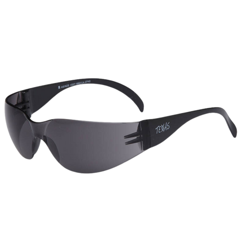 Sleek wraparound Texas EBR330 safety glasses, smoke lens: anti-fog, anti-scratch, 99.9% UV protection for trade eye safety...