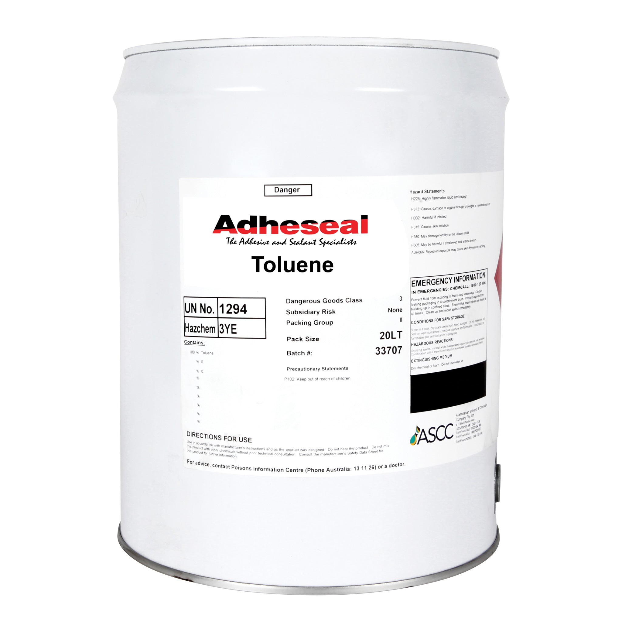Adheseal Toluene 20L drum, solvent removes polyurethane sealants, spray adhesives from benchtops, glass. Dangerous Goods C...