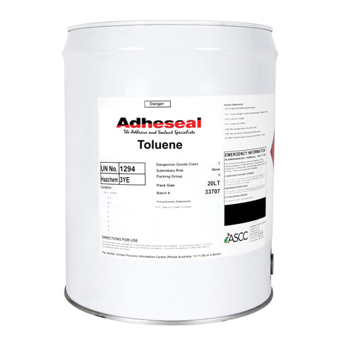 Adheseal Toluene 20L drum, solvent removes polyurethane sealants, spray adhesives from benchtops, glass. Dangerous Goods C...