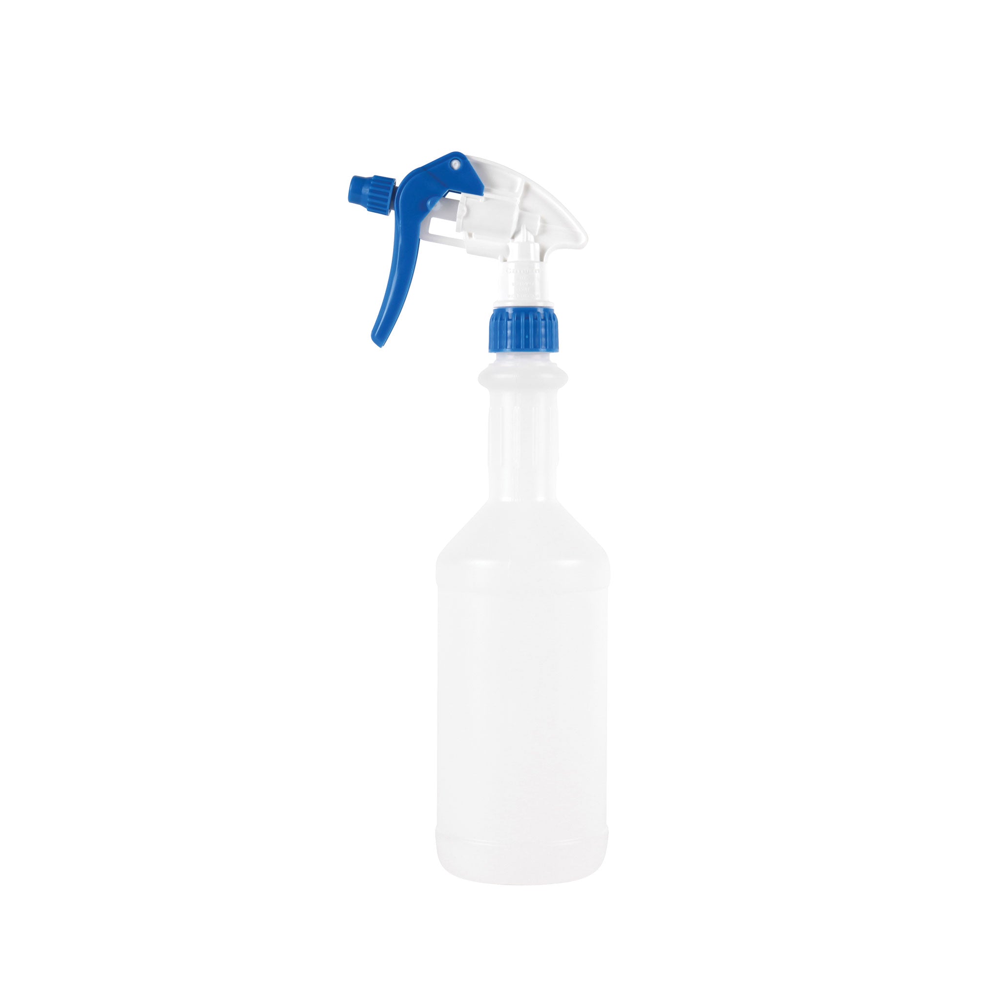 750ml white plastic trigger spray bottle with blue head for dispensing polyurethane sealant cleaners and waterproofing prep.
