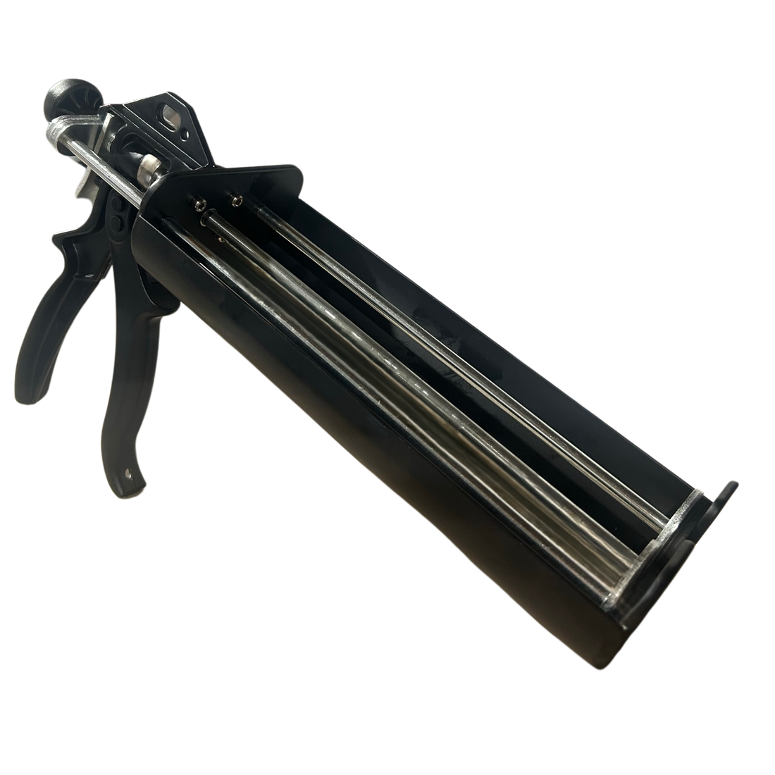 Heavy-duty black twin cartridge gun for 2x300ml two-part sealants, precise dispensing for secure joint bonding.