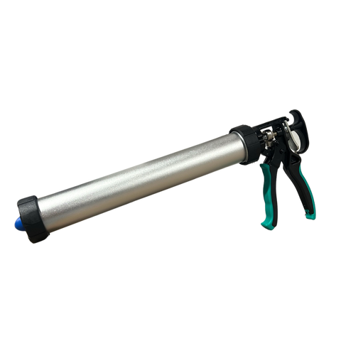 Heavy-duty aluminium sausage caulking gun with TPR grips for precise 600ml sealant dispensing in waterproofing and joint s...